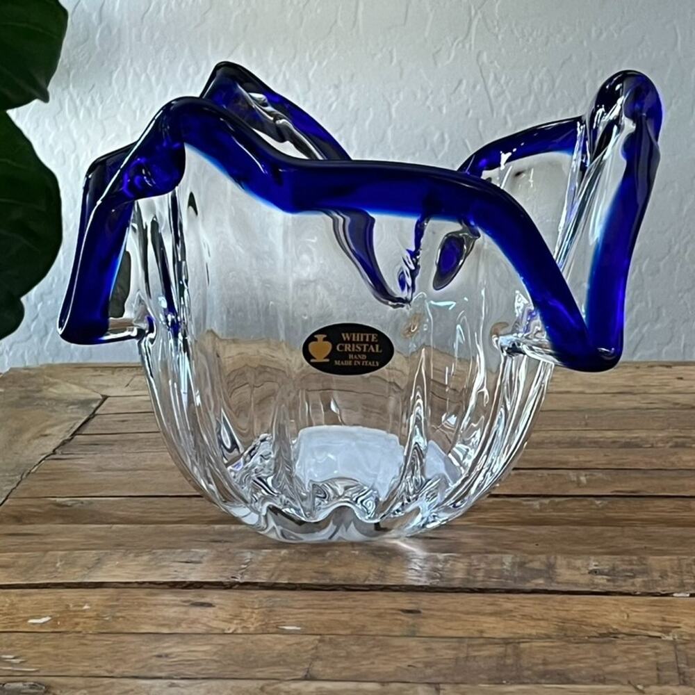 Handmade Murano Blue Rim Center Piece Abstract Bowl Italy 8" White Crystal